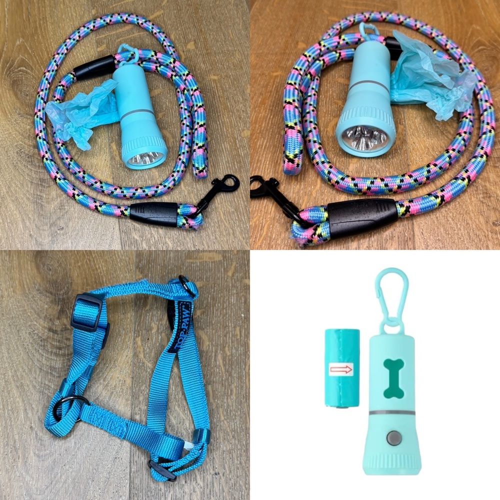 Cat Dog Puppy Walk Set Kit harness Leash Bag Holder Flashlight 80s Style Retro - Picture 2 of 11